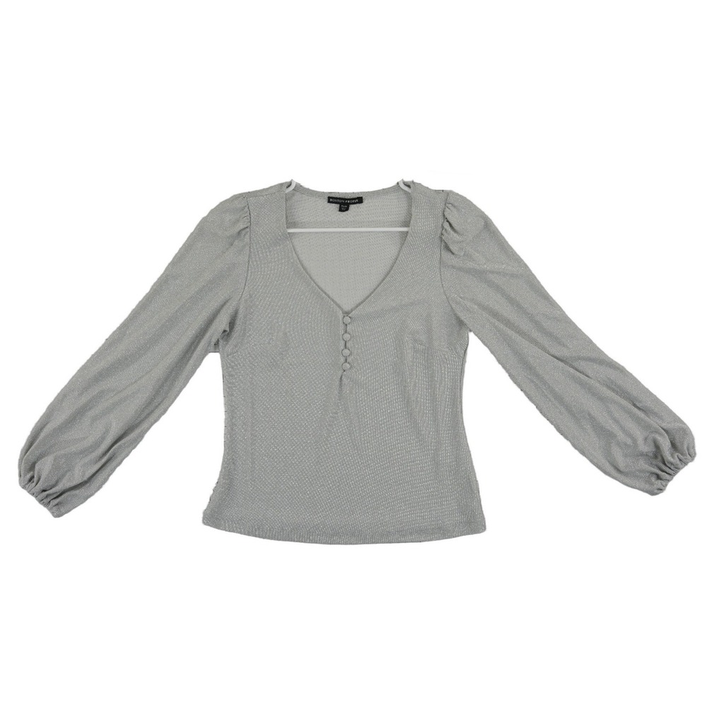 Boston Proper Silver Puff Sleeve Blouse Top Women's Size Medium Metallic V Neck